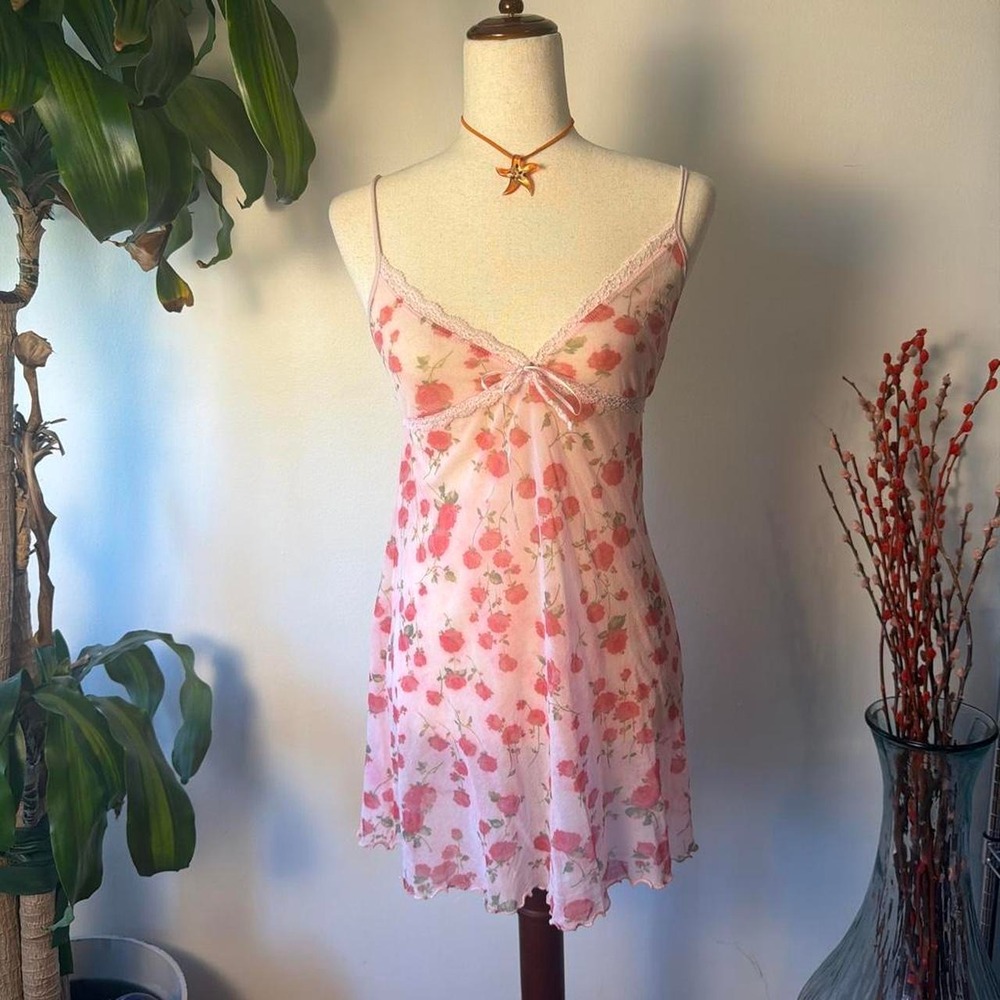 Eberjey Vintage Pink Floral Mesh Babydoll Slip Dress Lace Trim Made in USA ML